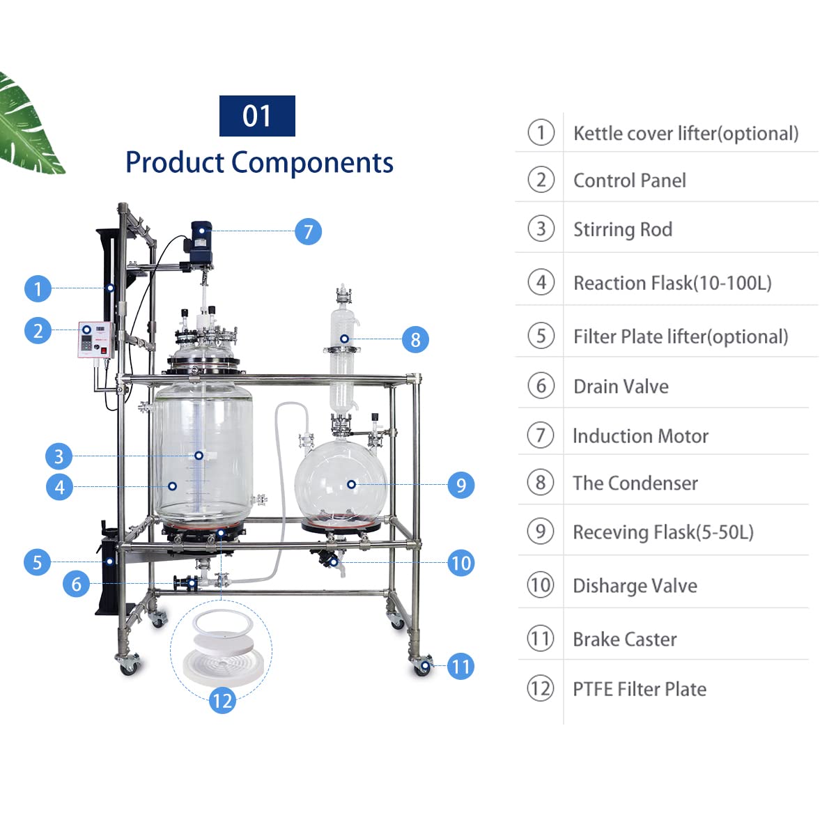 HNZXIB 100L Vaccum Filter Crystallization Reactor, Jacketed Glass Vessel Stirred Crystallization 220V/50HZ