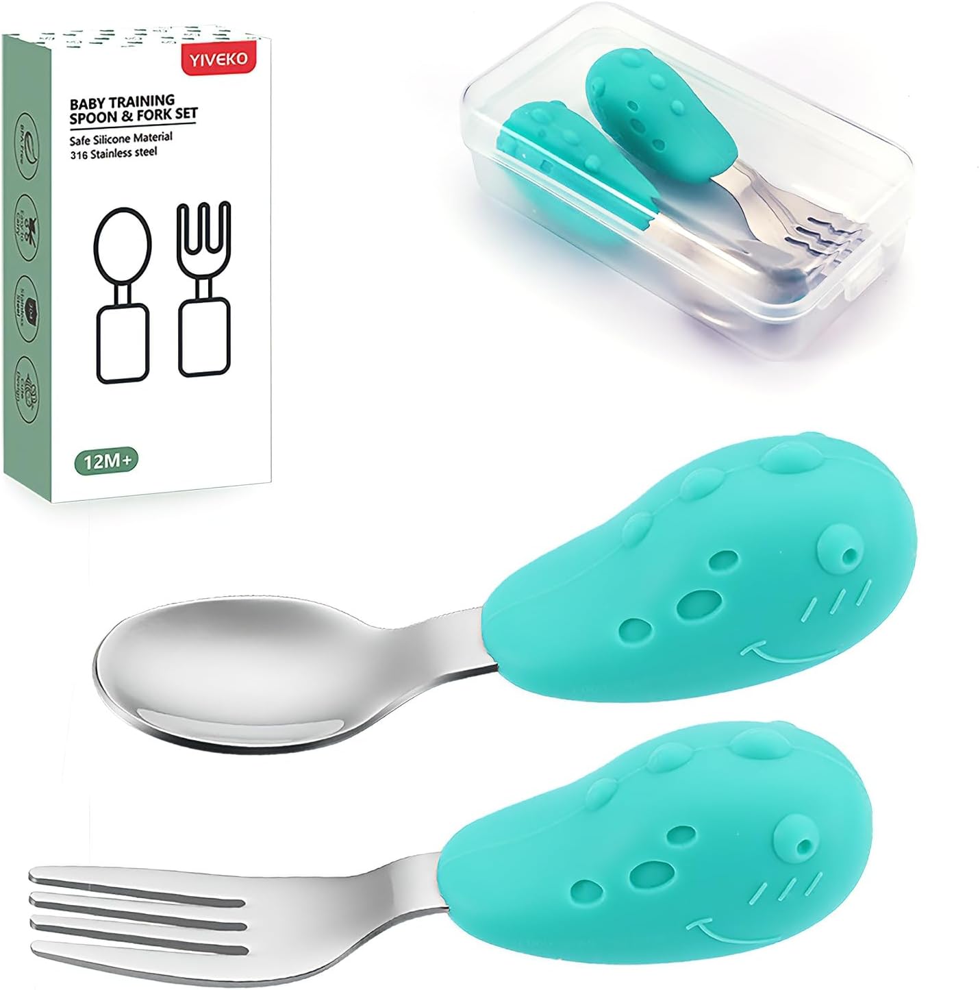 Baby Fork and Spoon Set with Carry Case Baby Training Utensils Self Feeding Toddler Silverware Silicone and Stainless Steel Kids and Toddler Utensil Set-Dinosaur