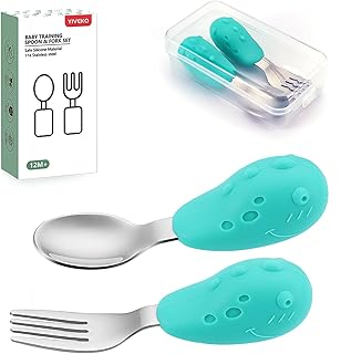 Baby Fork and Spoon Set with Carry Case Baby Training Utensils Self Feeding Toddler Silverware Silicone and Stainless Steel Kids and Toddler Utensil Set-Dinosaur