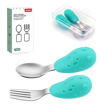 Baby Fork and Spoon Set with Carry Case Baby Training Utensils Self Feeding Toddler Silverware Silicone and Stainless Steel Kids and Toddler Utensil Set-Dinosaur