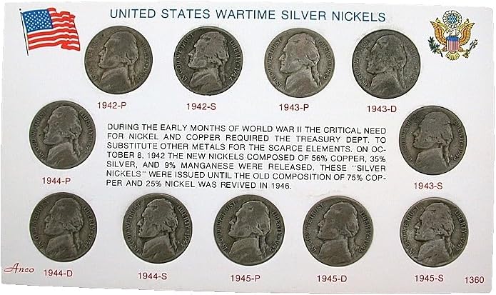 1942 To 1945 US Wartime Silver Nickel Collection Set Eleven All Dates