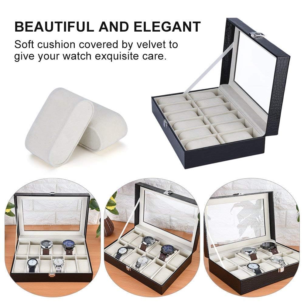 Fdit Grande boîte à montres en cuir synthétique à 12 emplacements pour montres et bijoux - Avec couvercle en verre et verrou en métal - Pour homme et femme (noir)