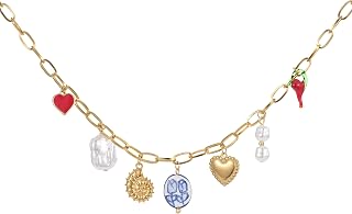 ALYXUY Gold Plated Stainless Steel Charm Necklace with Heart Pearl Conch Ceramic Pendant for Women - Trendy Choker Jewelry