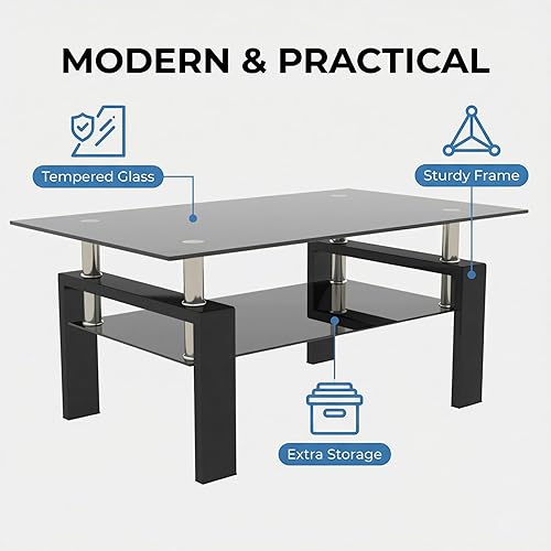 Miniatura 4 de Mesa de centro de vidrio rectangular Meihua de 2 niveles, mesa de té moderna, mesa auxiliar de café para sala de estar (todo negro) Todo