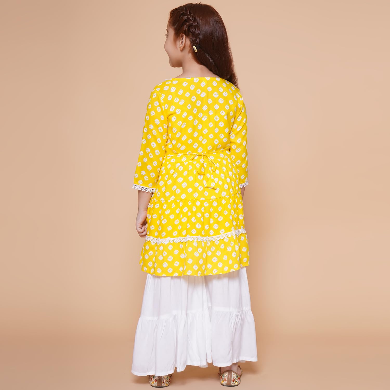 Arshia Fashions Girl's Yellow Bhandhej Printed Kurta And Sharara Set 1