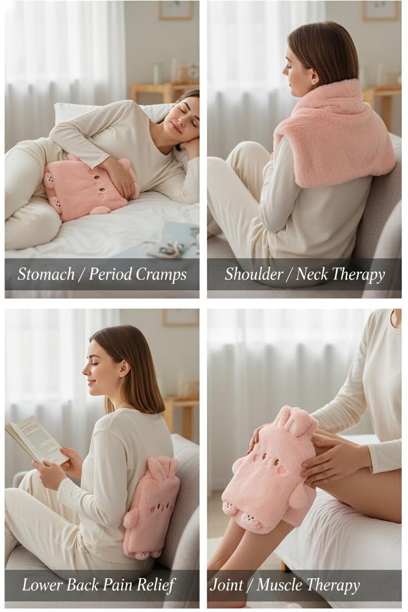 FYCAN Hot Water Bag With Leakproof lid Plush Cover Refillable Anti-leakage Pain Relief Bag For Periods Muscles Pain Hand Feet And Belly Warmer In Rabbit Design for Hot and Cold Therapy(1 litre) 3