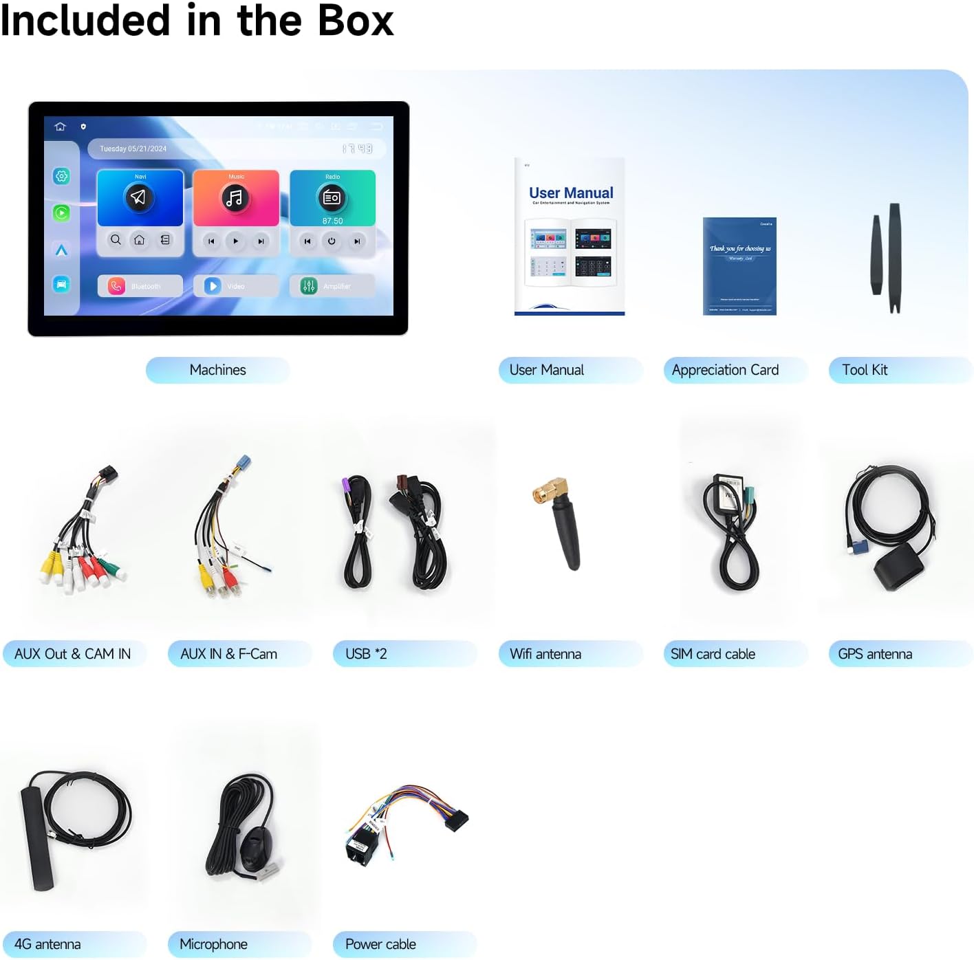 Contents of the Dasaita 13.1 inch car stereo package, including the head unit, various cables, antennas, microphone, user manual, and tool kit.