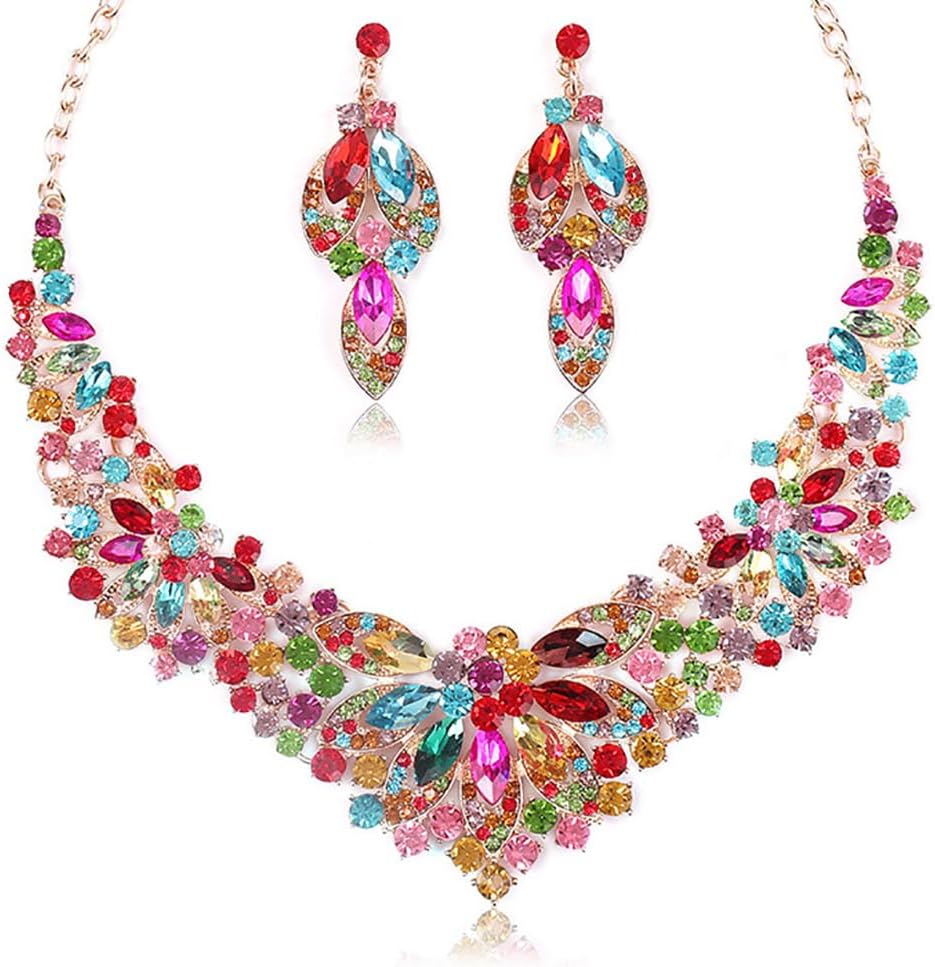 Women Jewelry Set Rhinestone Crystal Statement Necklace Bride Rib Choker Necklace Floral Beaded Collar Neklcace Cluster Dangle Earrings Set for Wedding Party