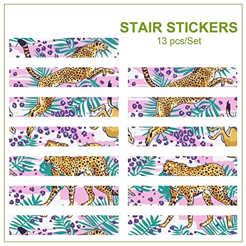 Leopard Cheetah And Tropical Palm Leaves Stair Stickers Printed Peel And Stick Stair Riser Decals Staircase Murals Wall Sticker Decorate 2 Set #TOP2