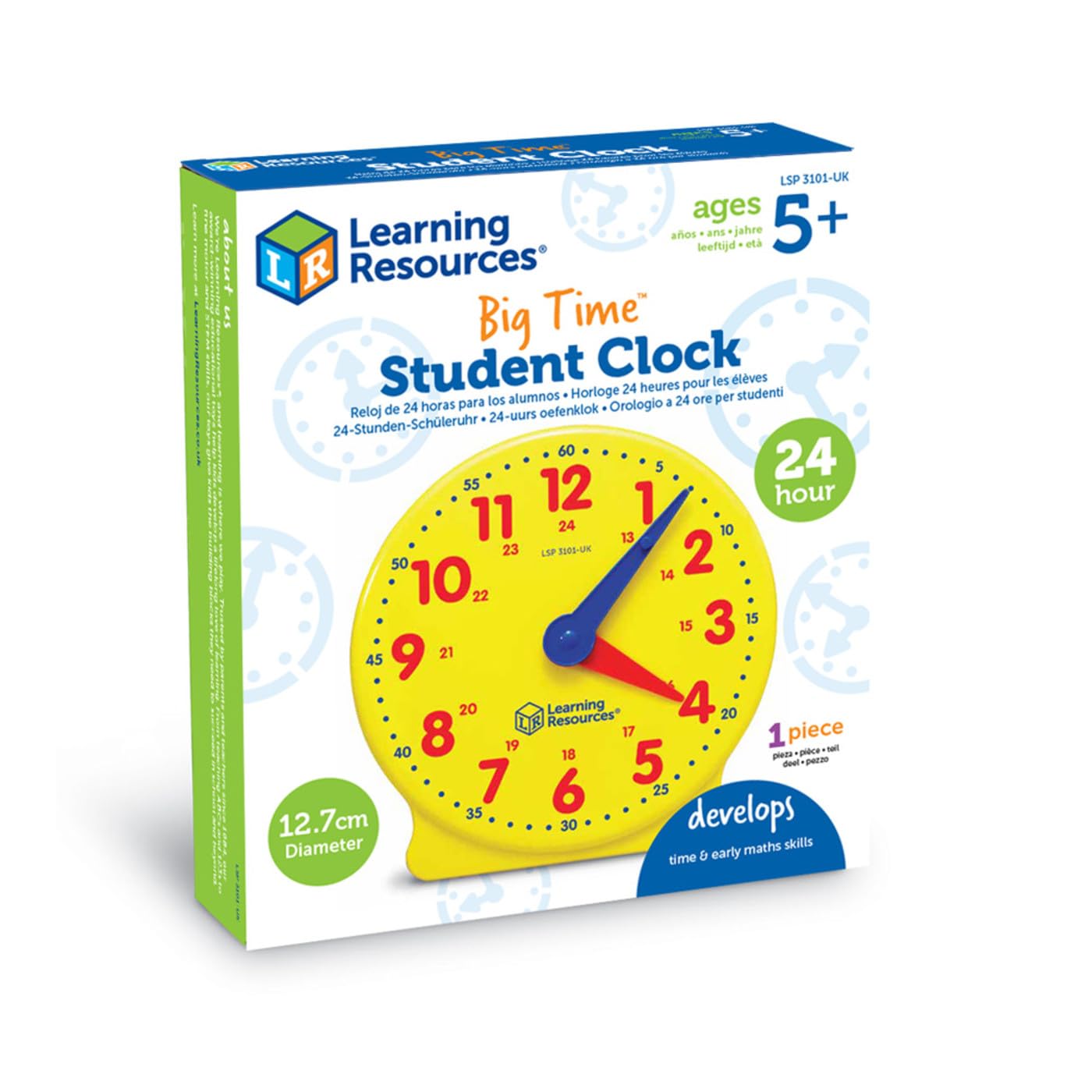 Learning Resources LSP3101-UK duży 24-godzinny student, manipulacje matematyczne do mówienia czasu, zegar analogowy do nauki dzieci, jeden rozmiar