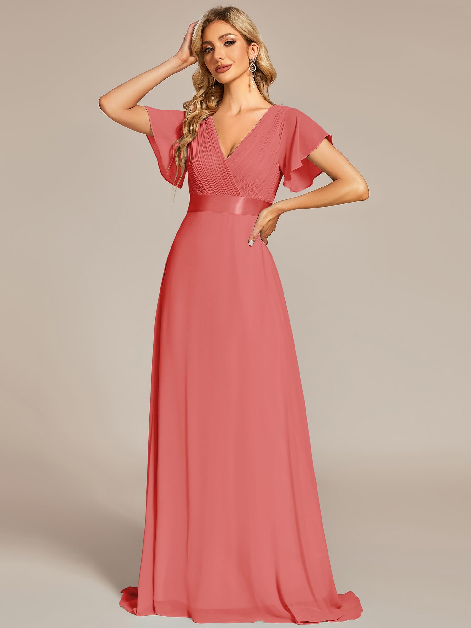 Ever-Pretty A-línea Vestido de Fiesta Cuello en V Manga Corta Gasa Corte Imperio para Mujer 09890