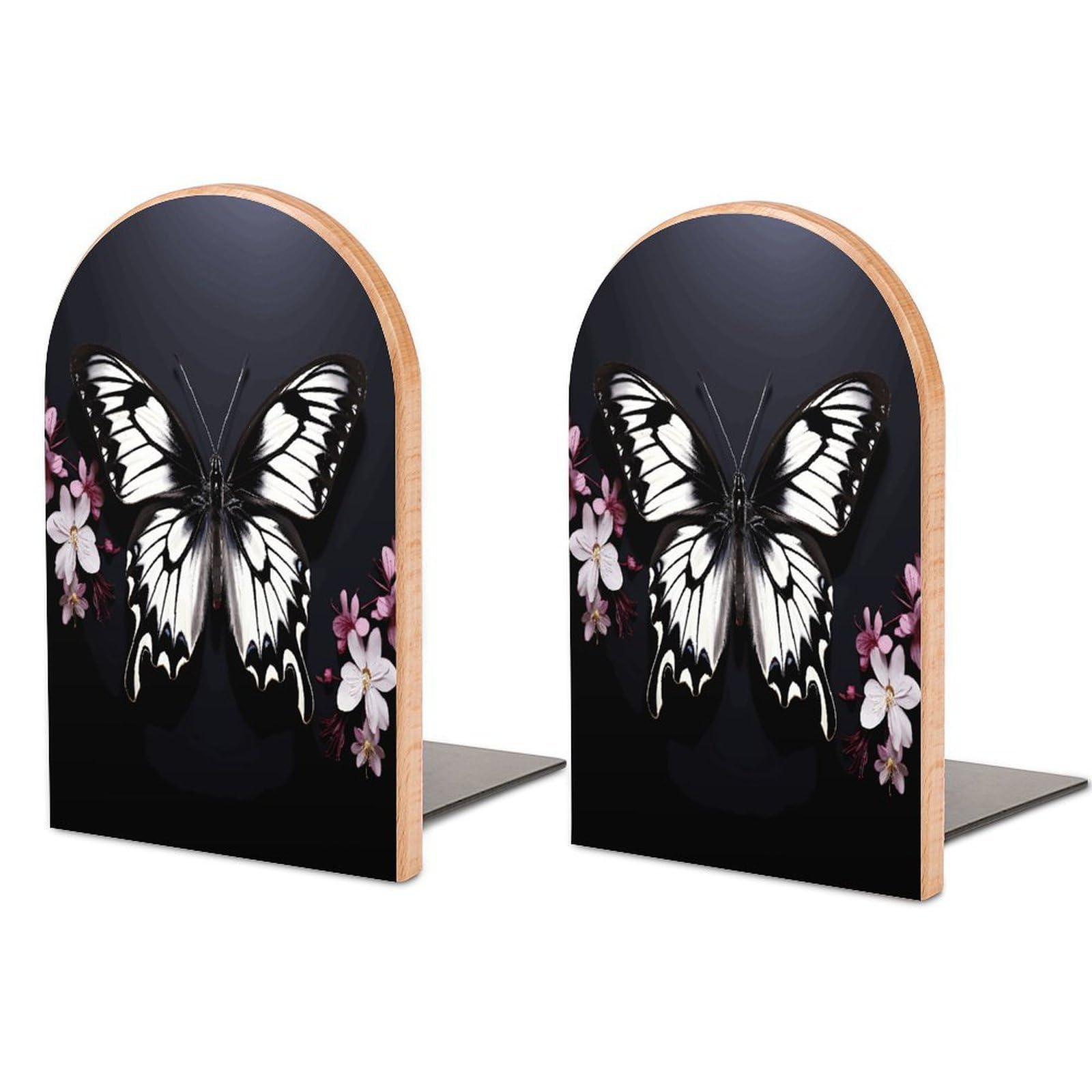 Black White Butterfly Bookend for Shelves Unique Book End Sturdy Books Holder Heavy Duty Wooden Bookends Support Non-Slip Book Organizers Decorative Modern Bookend Holder for Home