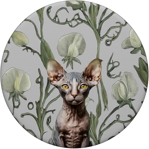 Miniatura 3 de Sphynx Cat White Gray Sweet Pea Summer Vintage Flower PopSockets Standard PopGrip