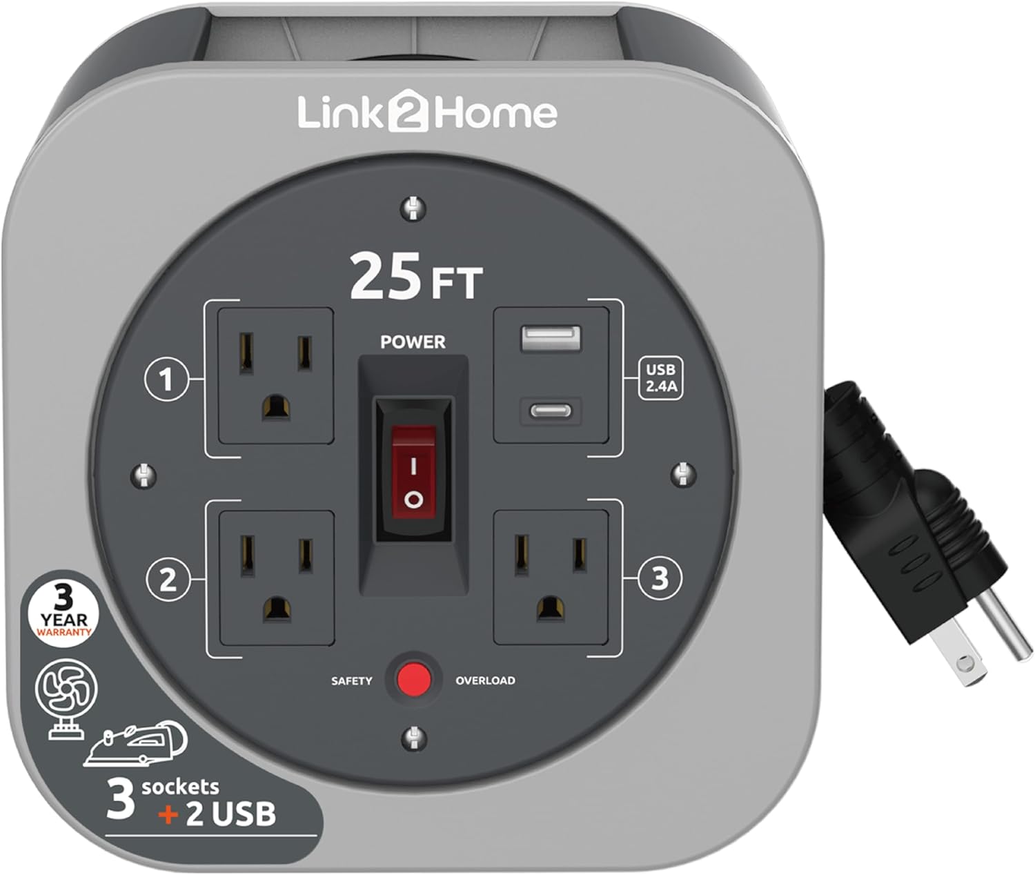 Link2Home 25 ft Retractable Extension Cord Reel – 16 AWG SJT Cable, 3 Grounded Outlets, 2 USB A/C Ports (2.4A Fast Charge), Built-In Circuit Breaker, Compact & Tangle-Free Power Reel, Gray
