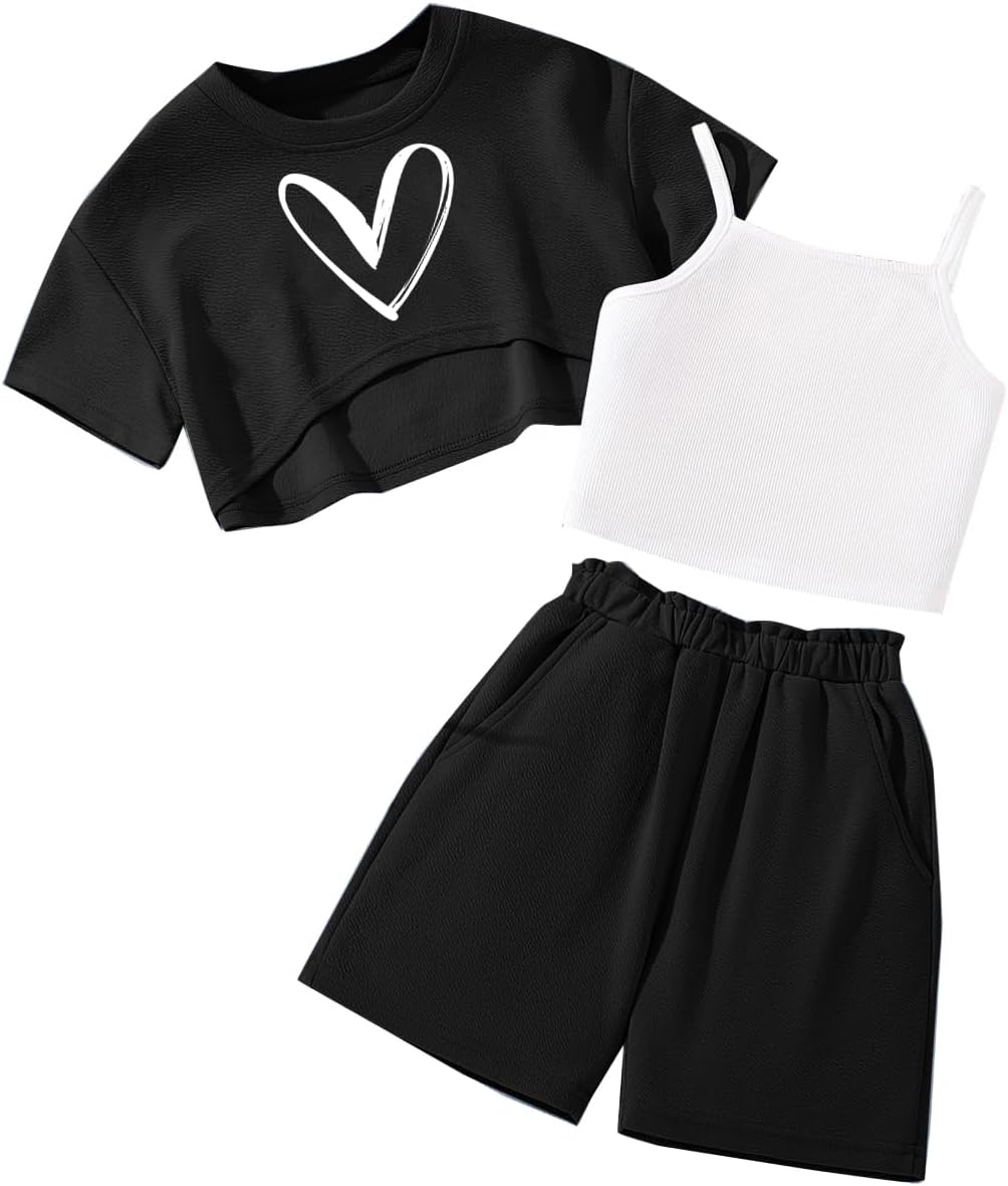 Hilinker Girls 3 Piece Summer Outfits Graphic Crop Tee and Cami Top with Shorts Set