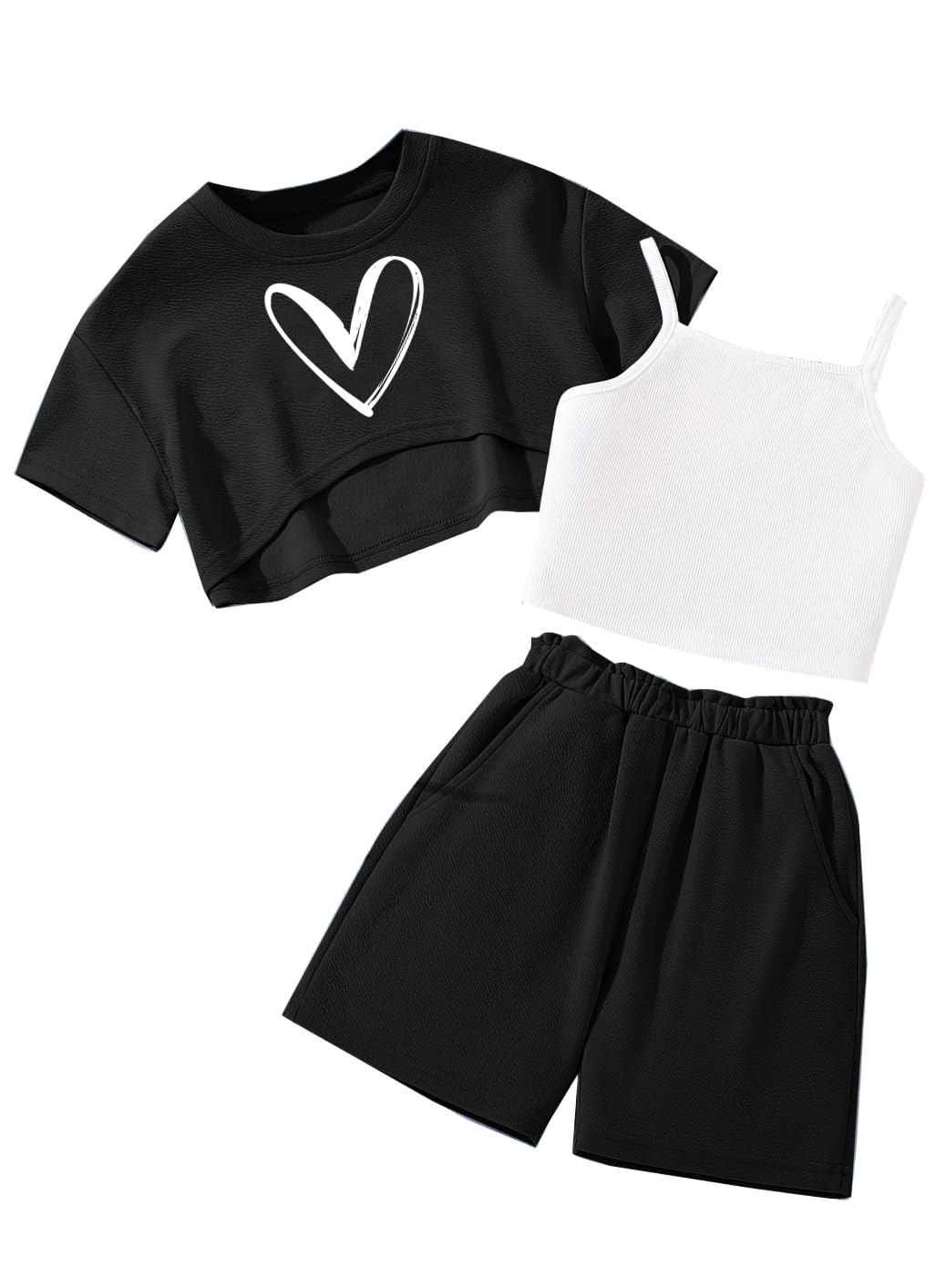 Hilinker Girls 3 Piece Summer Outfits Graphic Crop Tee and Cami Top with Shorts Set