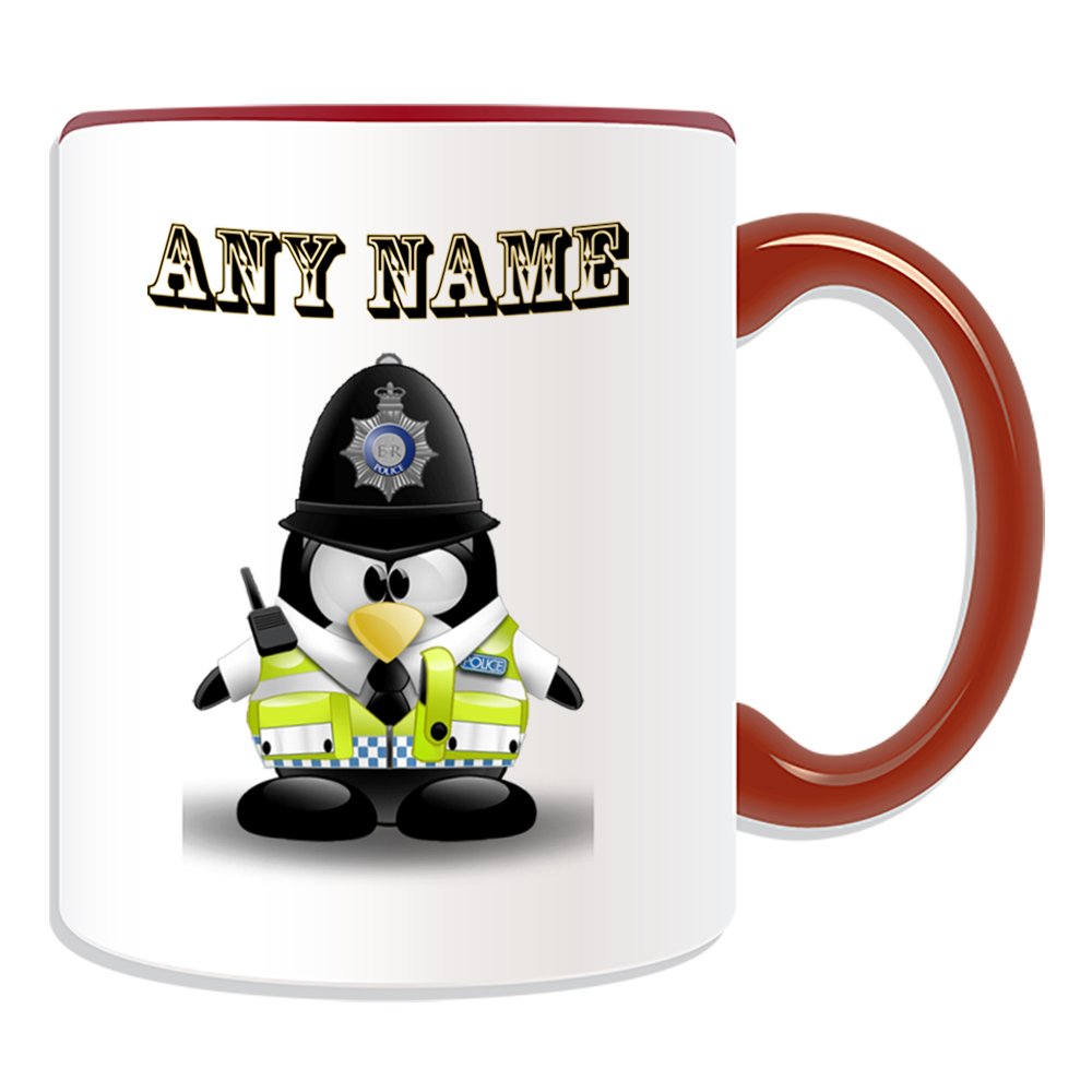 Unigift Red Personalised Gift - British Police Constable Mug (Penguin In Costume Design Theme, Colour Options) - Any Name / Message On Your Unique - Uk Policeman Pc Sergeant Inspector Traffic Officer Pc Sgt Insp Cid Helmet