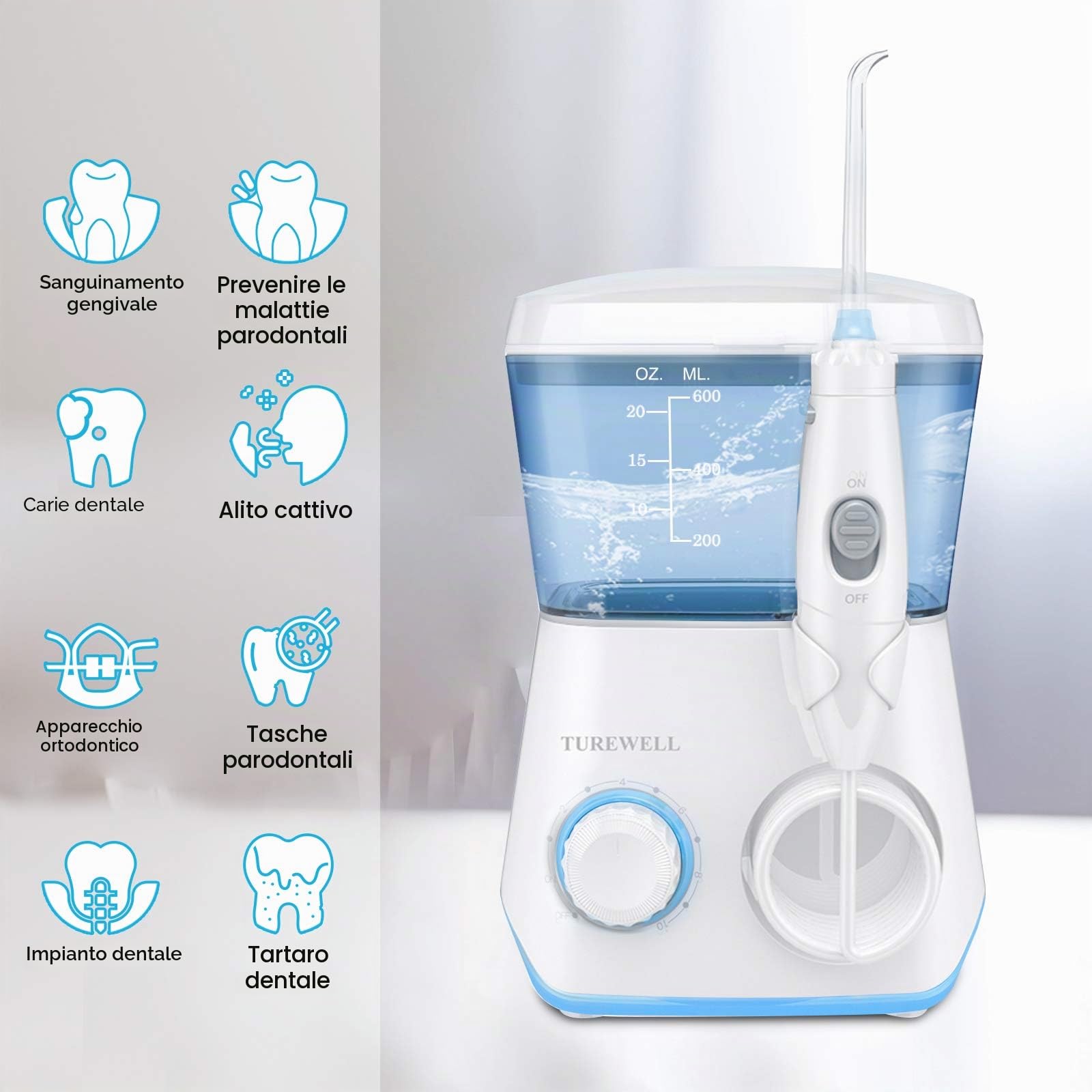 Idropulsore Dentale, TUREWELL Irrigatore Orale Getto Acqua Denti da Capacità 600ml con 10 Impostazioni, Pulizia Doccetta Idropulitore Dentale con 8 Becchucci per Cura Famiglia Dentale