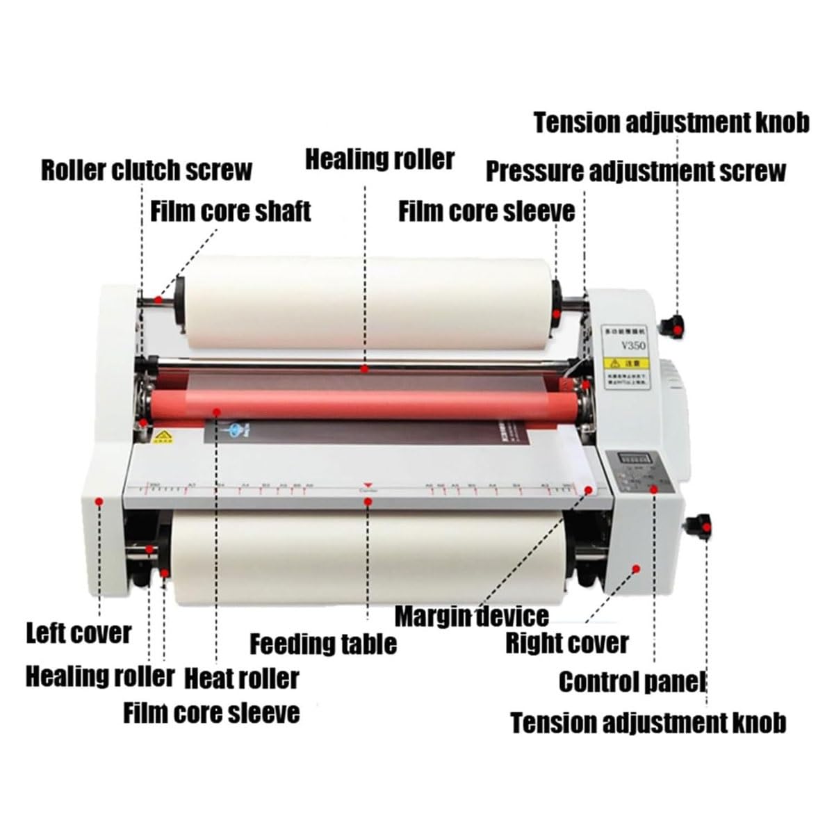 Jednostronny i dwustronny laminator rolkowy, Laminator rolowy na gorąco o średnicy 350 mm z 4 rolkami, Maszyna do laminowania na gorąco na zimno, z regulacją 0-180 ℃, do dokumentów, zdjęć i kart