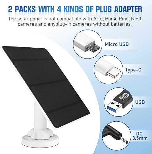 Miniatura 2 de Panel solar de 5 W para cámara de seguridad, 2 unidades, cargador de panel solar de 5 V con micro USB, CC de 0.138 in, puerto USB y tipo C, panel