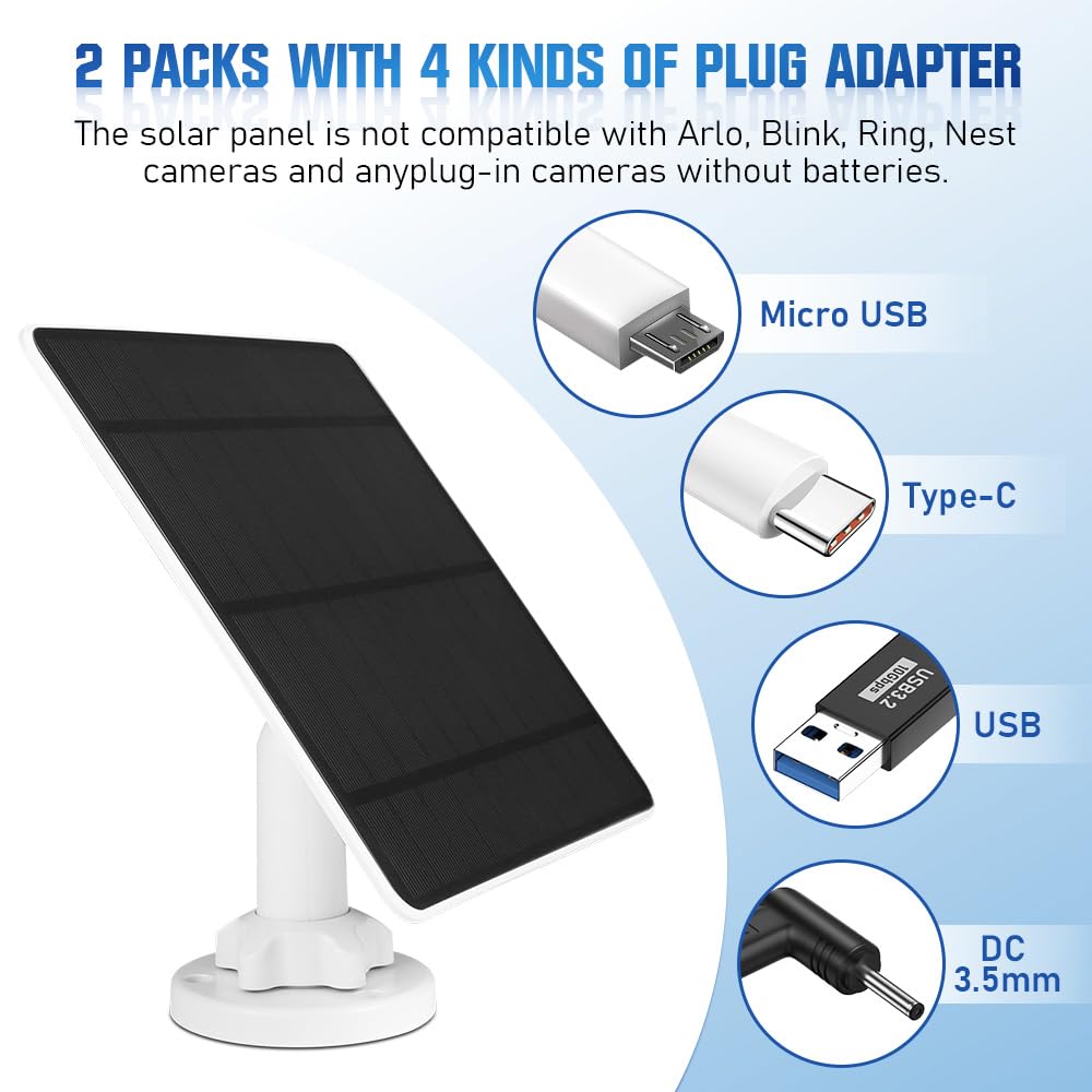 5W Solarpanel für Überwachungskamera Aussen Akku, 5V Solarmodul ist kompatibel mit WYZE Battery Cam Pro, Eufy Camera & Arlo Essential Spotlight/XL Spotlight Camera, mit Micro-USB, DC, Type-C(2 PACK)