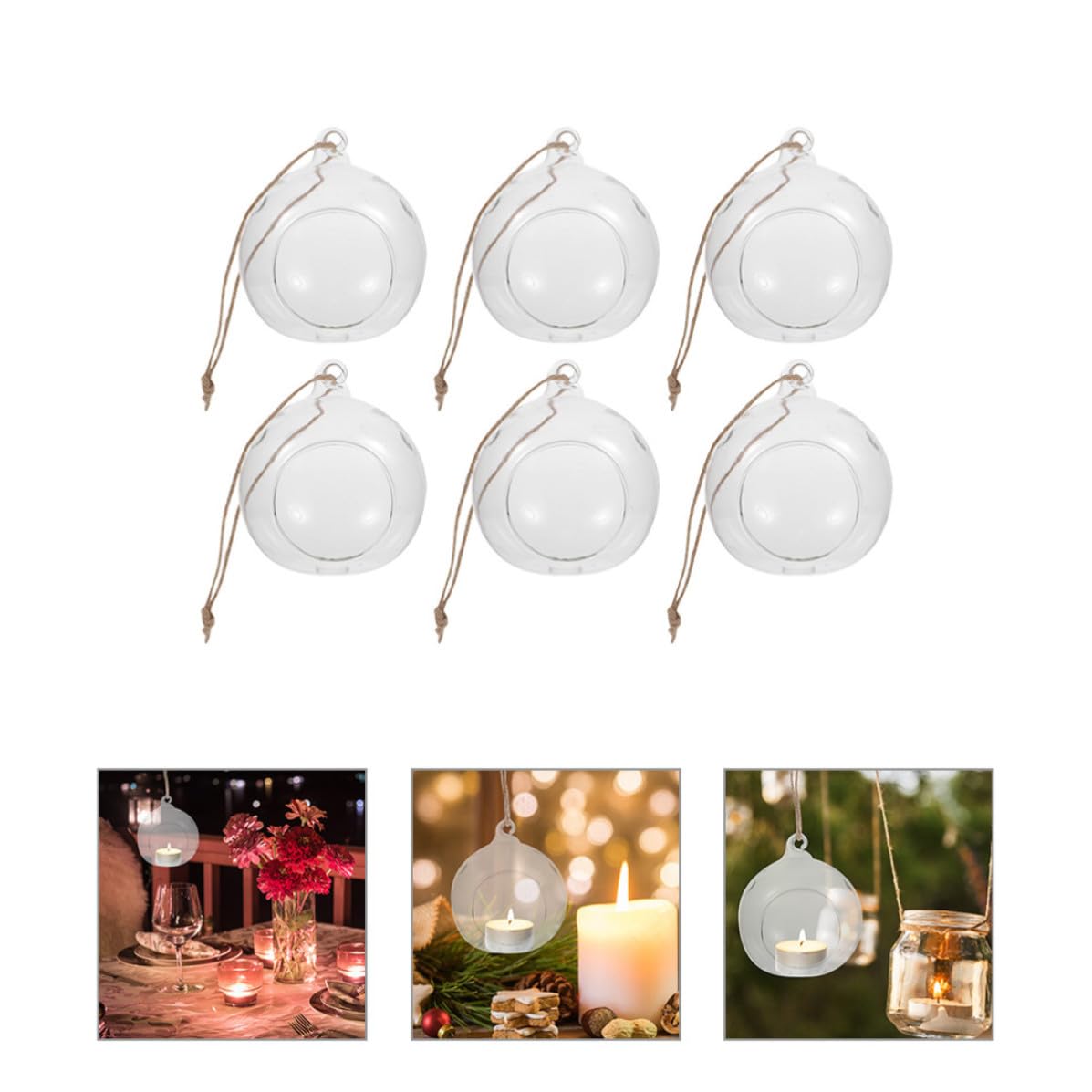Hemobllo Portacandele da Tè in Vetro a Forma di Sfera Sospesa 6 Pezzi Corda per Decorazioni Natalizie e Aria per New Year e Thanksgiving Day