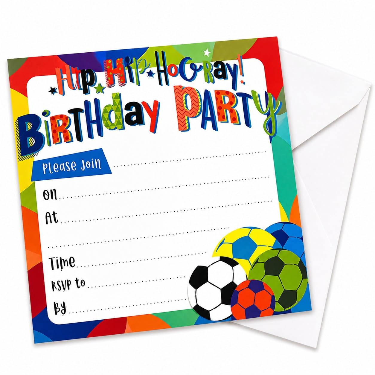 YLAB 12/24 Football Party Invitations with Envelopes – Colourful Birthday Invites for Boys & Girls – Football-Themed Party Supplies – Kids’ Birthday Invitations (24)