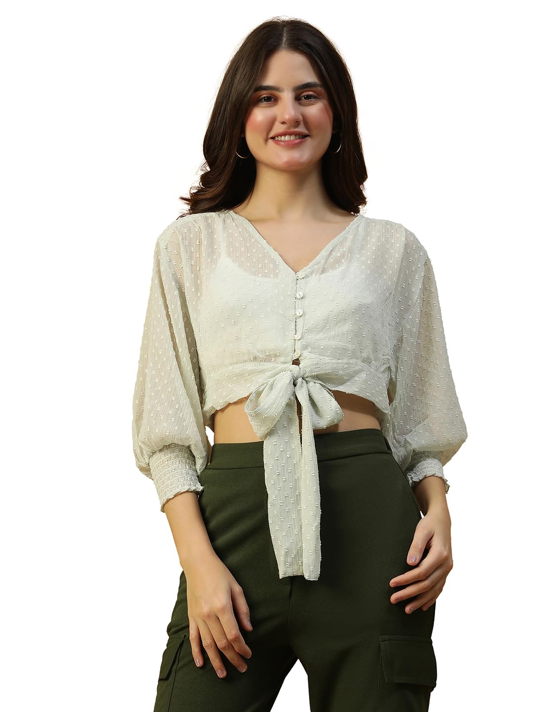Women V-Neck Long Sleeve Button & Tie-Up Detail Dobby Crop Top-image-26