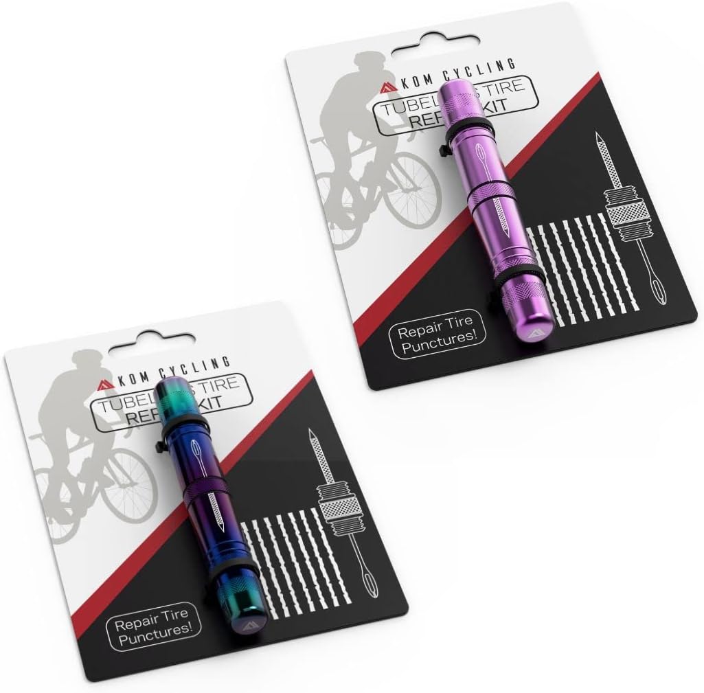 KOM Cycling Tubeless Tire Repair Kit for Bikes – Purple and Iridescent Bundle! Fixes Mountain Bike and Road Bicycle Tire Punctures – Includes Tire Repair Fork and Reamer, 8 Bacon Strips.