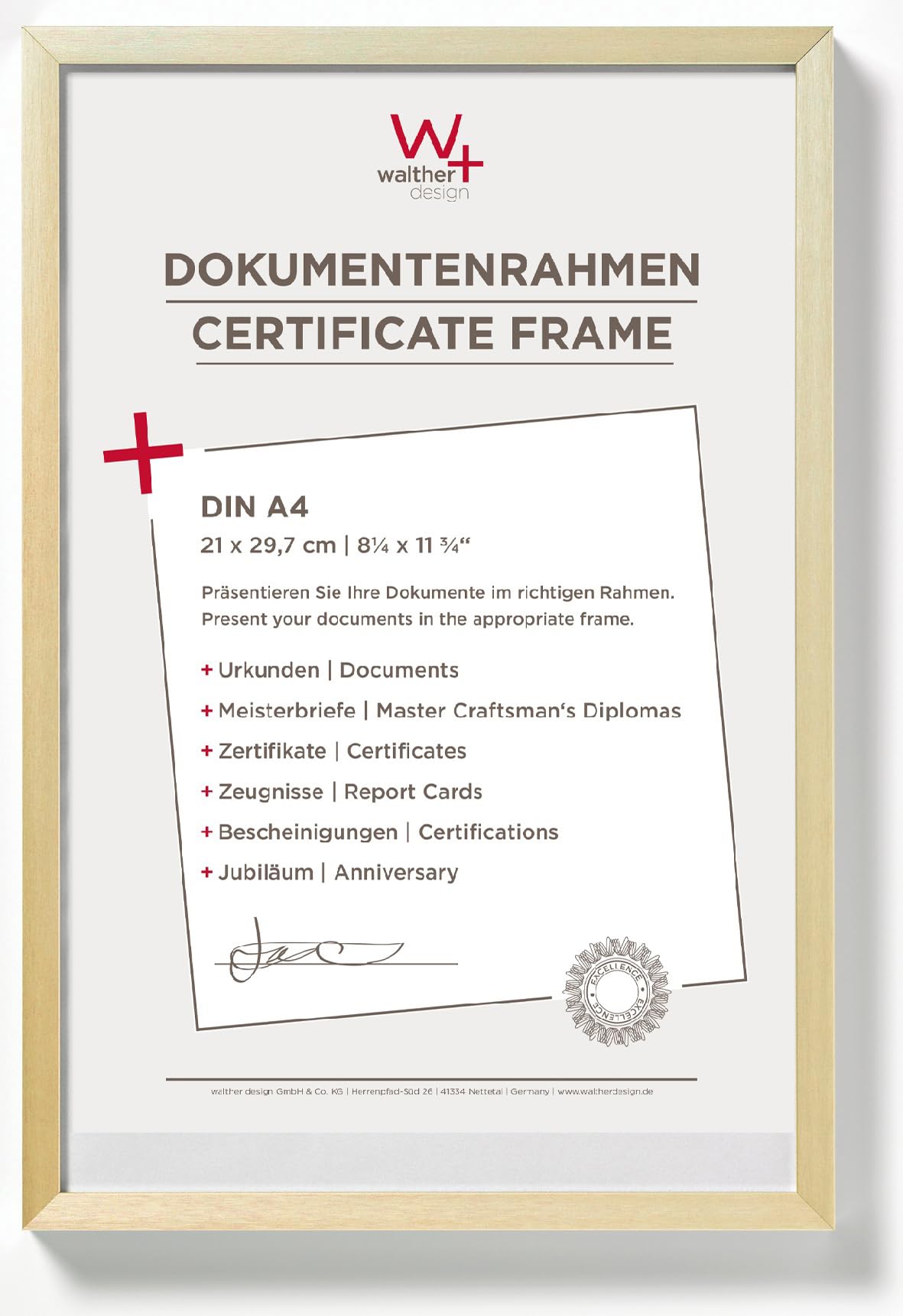 walther design Bilderrahmen gold 21 x 29,7 cm (DIN A4) Aluminium Dokumentenrahmen Chair Alurahmen AJ130G