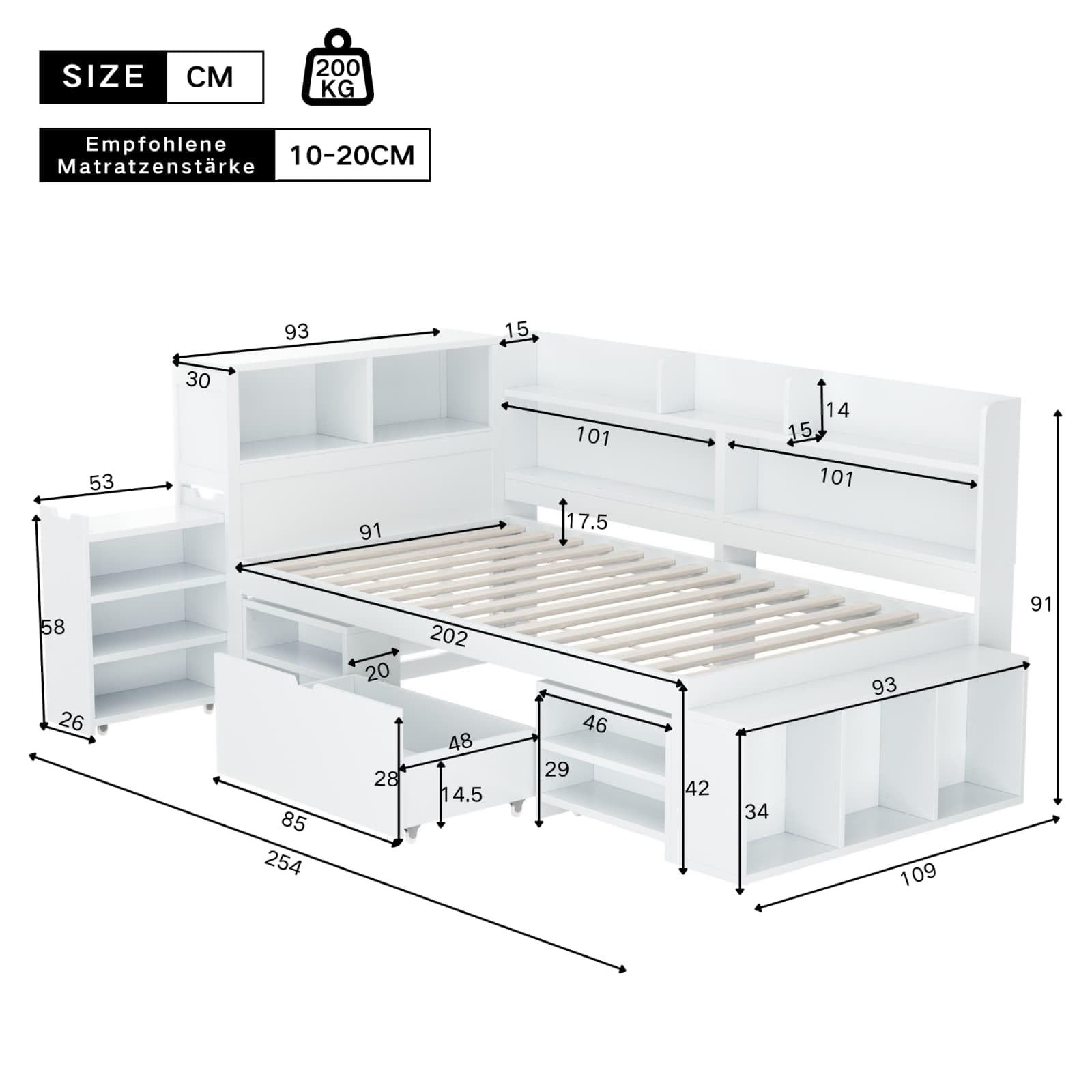 Lit échelle Lit Mezzanine Enfant KOMHTOM 90x190cm - Avec Rangement Et Barrière - Sans Matelas Lit Haut Avec Rangement