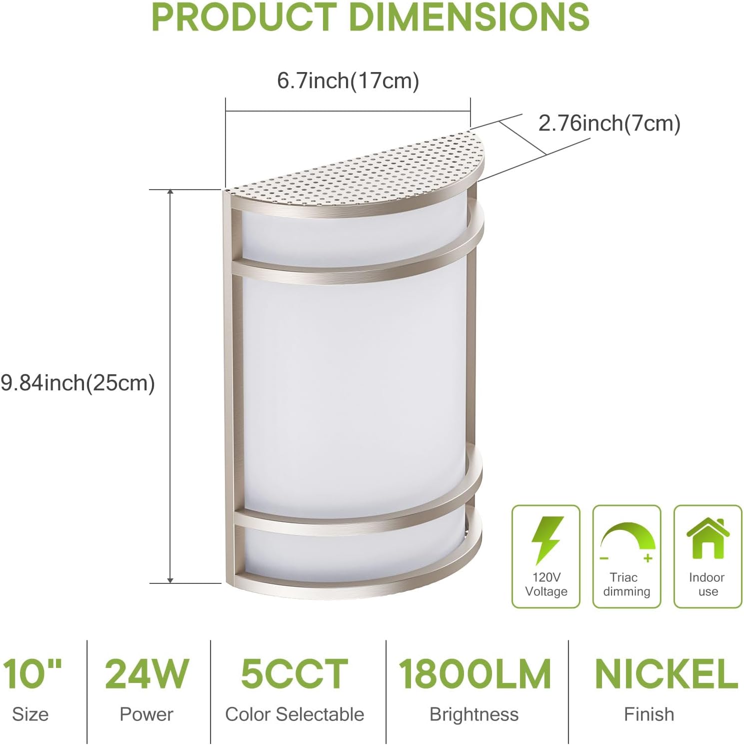 LED Indoor Wall Mount Light Fixture, Brushed Nickel Wall Sconce Lighting, 3000K 4000K 5000K Adjustable, Half Cylinder Hallway Light Fixture for Living Room Bedroom Porch