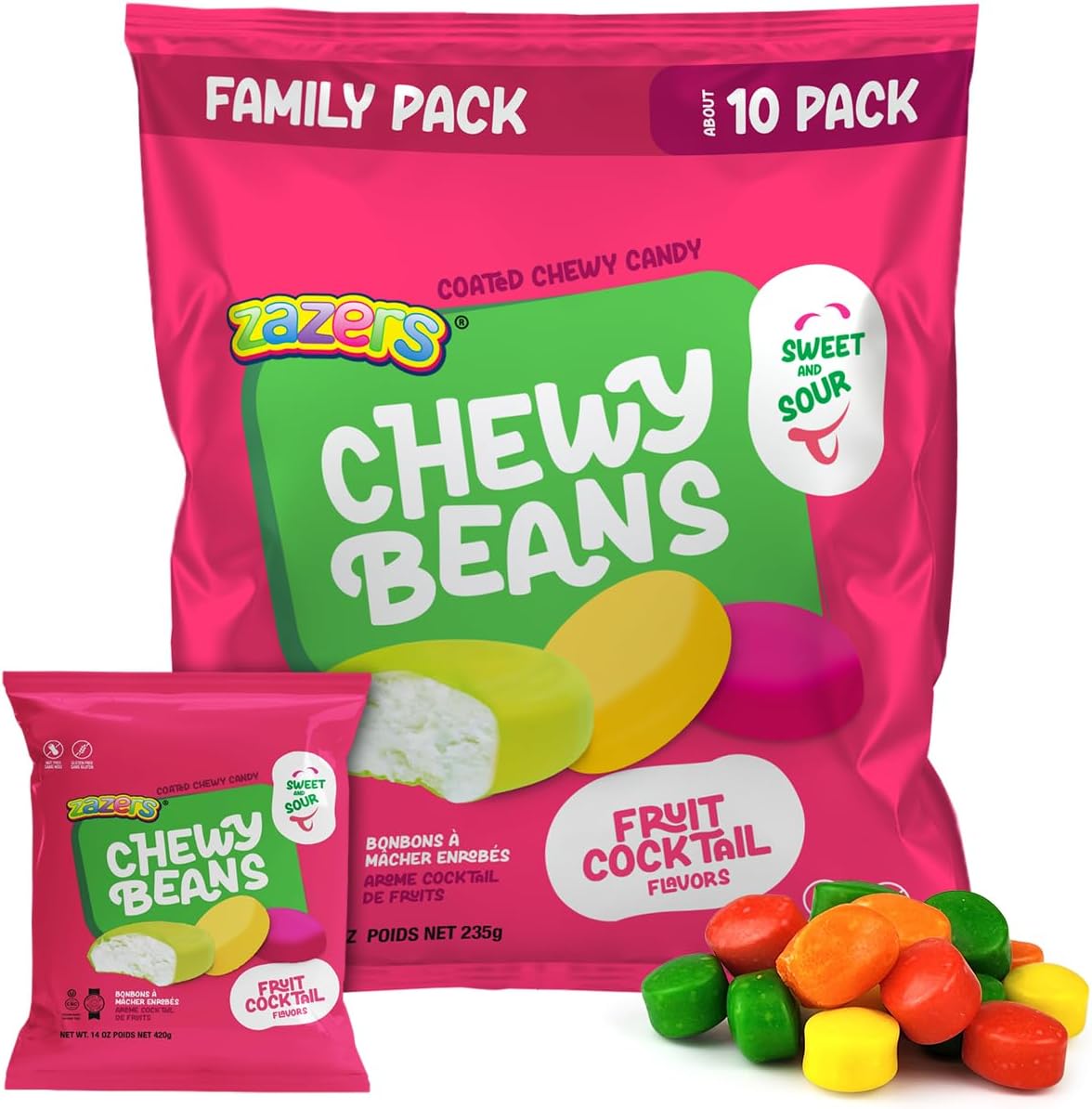 Chewy Beans Soft Candy - Coated Fruit Cocktail Chew Gummies Individually Wrapped Sweets for Kids and Family - Chewy Jelly Bean Candies Gluten-Free and Nut-Free - 10 Units, Net Wt 8.28oz