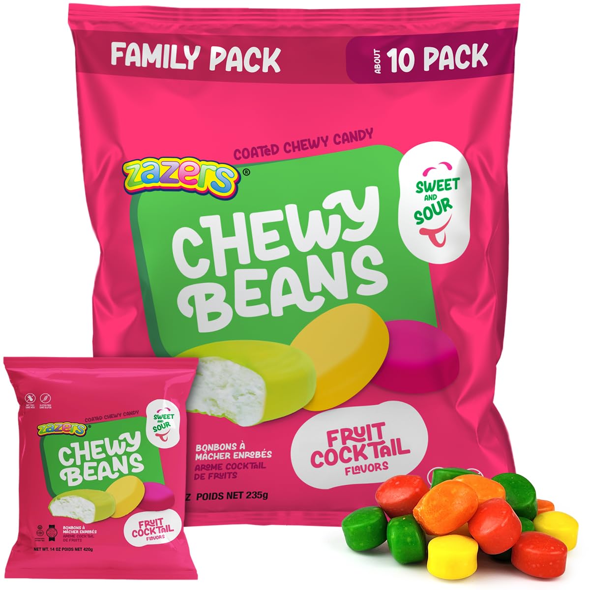 Chewy Beans Soft Candy - Coated Fruit Cocktail Chew Gummies Individually Wrapped Sweets for Kids and Family - Chewy Jelly Bean Candies Gluten-Free and Nut-Free - 10 Units, Net Wt 8.28oz