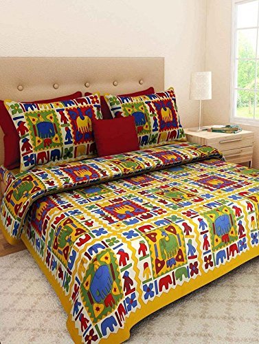 Rhf 100% Cotton King Size Double Bedsheet with 2 Pillow Cover- Yellow Multi-picture-10
