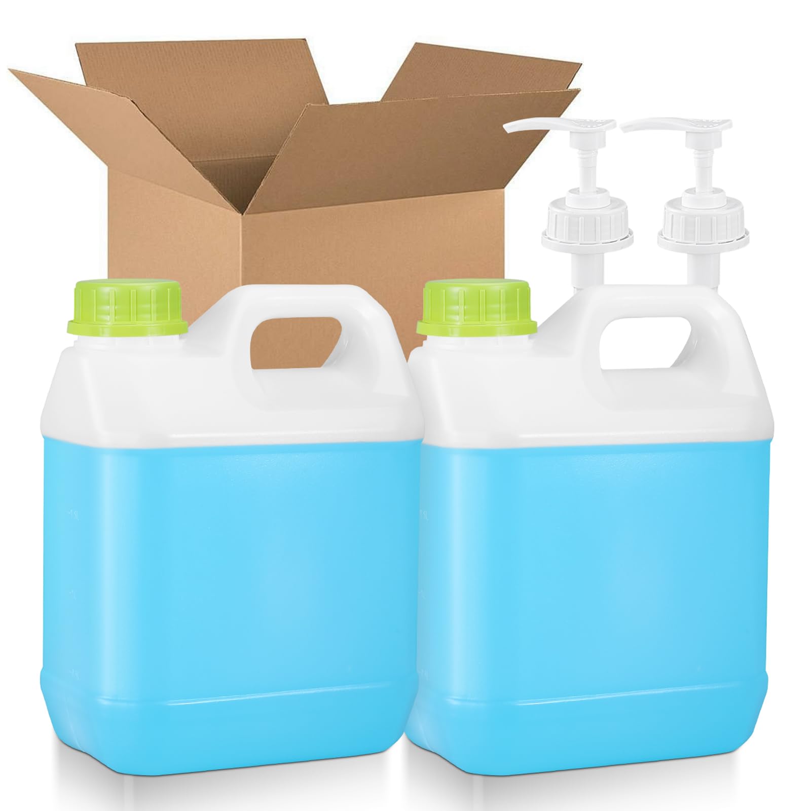 Plastic F-Style Jug (2-Pack) Reusable Food-Safe, Heavy-Duty HDPE Containers for Water, Sauces, Soaps, Detergents, Honey Liquids with Screw-On Cap and Pump Cap (Translucent, 68 oz)