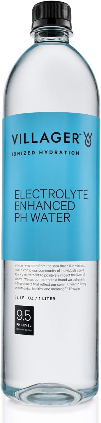 Villager Goods Ionized Alkaline 9.5 pH Bottled Water, 1 Liter, (Pack of 12)