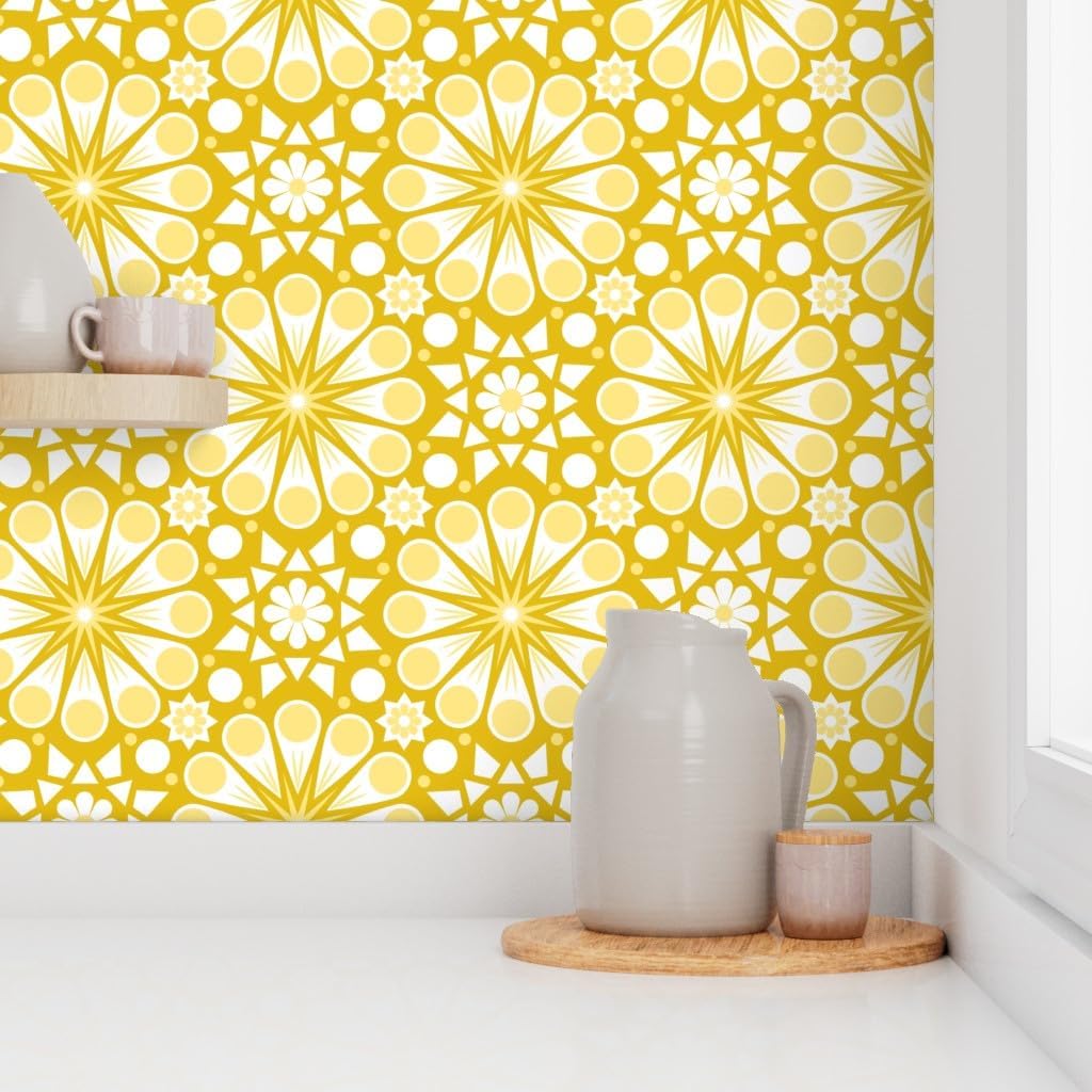 Spoonflower Peel & Stick Wallpaper 3ft x 2ft - Retro Geometric Floral Yellow 70S Daisy Daffodil Custom Removable Wallpaper