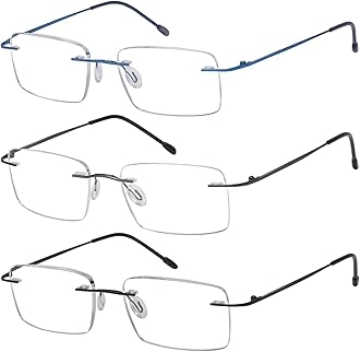 Eyekepper 3-Pack Rimless Metal Reading Glasses for Men - Rectangle Frameless Readers (Black/Blue/Gunmetal)+3.50