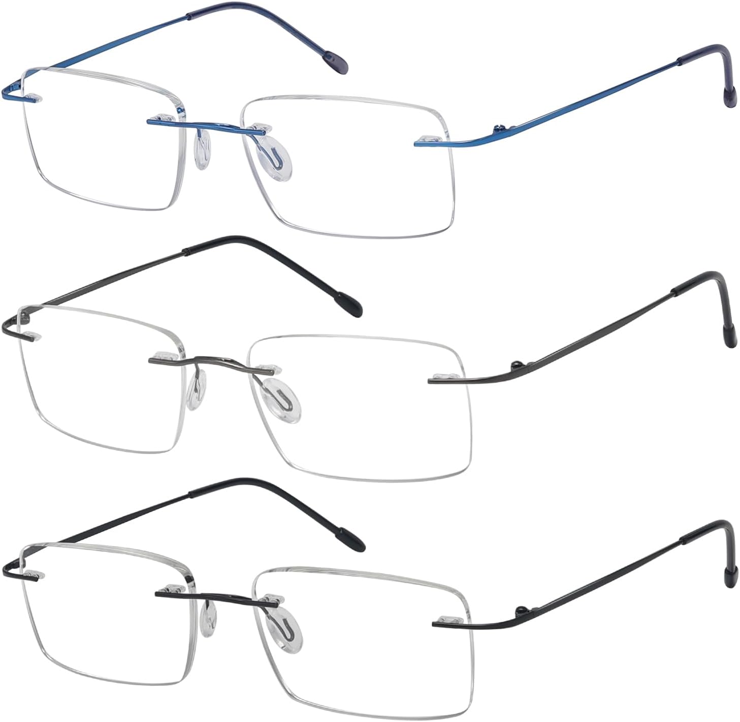 Eyekepper 3-Pack Rimless Metal Reading Glasses for Men - Rectangle Frameless Readers (Black/Blue/Gunmetal)+3.50