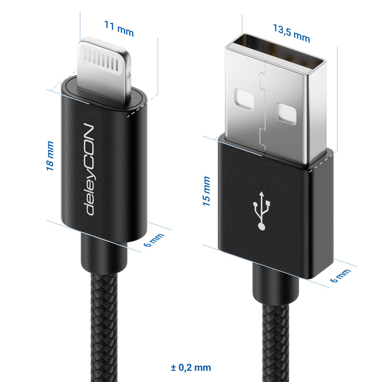 deleyCON 0,15m Lightning 8 Pin Cavo di Ricarica USB Apple MFI per iPhone 14 Pro Max - Nero