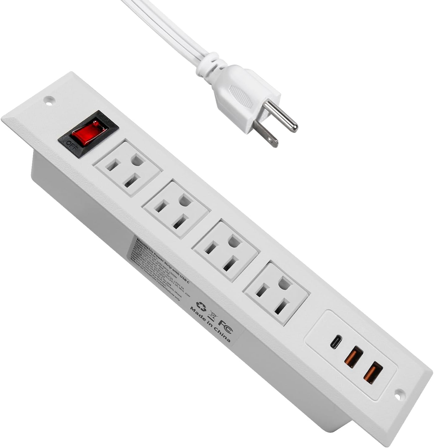 Recessed Power Strip with Type C 20W PD Fast Charge Desk Power Outlet 4 Outlets 2 USB and 1 USB C Built in Furniture Extension Power Plug for Dorm Office (Black)