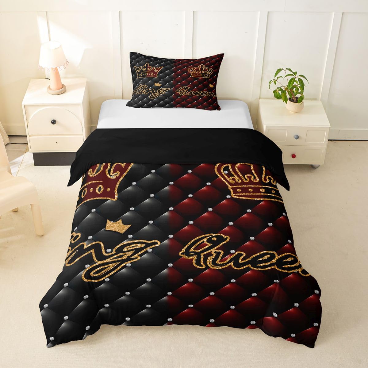 Homemissing King Queen Crown Duvet Cover Single Size Boys Girls Royal Themed Bedding Set Breathable Soft Romantic Comforter Cover 2Pcs Luxury Bedroom Decor