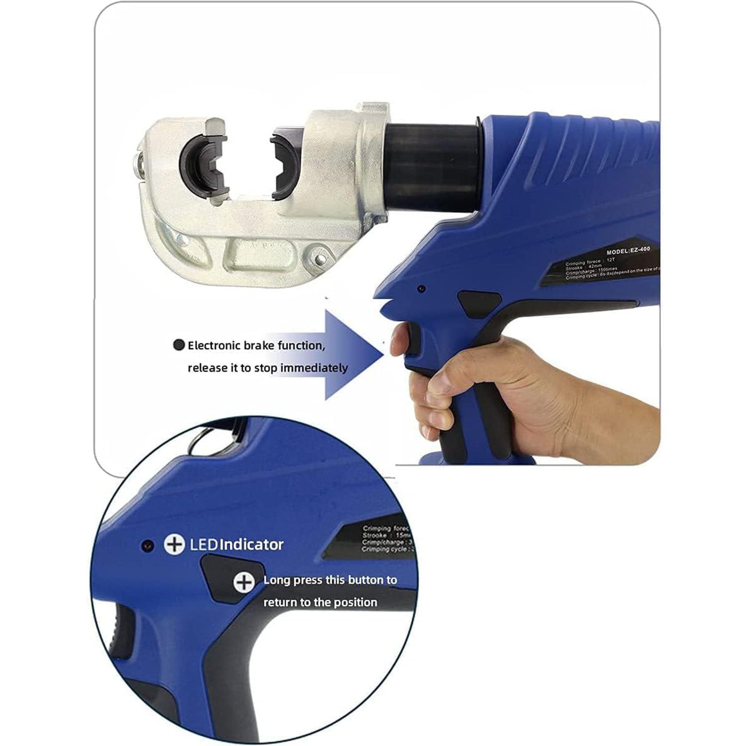 Zaciskarka hydrauliczna do akumulatora, 16-400 mm², przemysłowe, elektryczne narzędzie do zaciskania końcówek kablowych z 12 zestawami matryc do przewodu zaciskowego