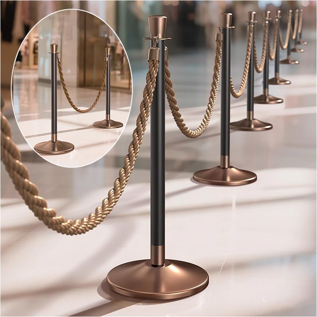 Corde de sécurité torsadée Marron-Argent avec mousquetons – 1,8 m (6 pi) pour poteaux et Supports, barrière de sécurité pour événements (café, etc.)