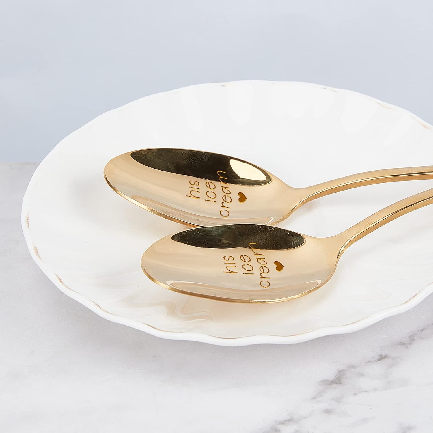 GLOBLELAND 2Pcs His & Her Ice Cream Spoon with Gift Box Golden Engraved Stainless Steel Table Spoons for Friends Families Festival Christmas Birthday Wedding,7.2'' image 4