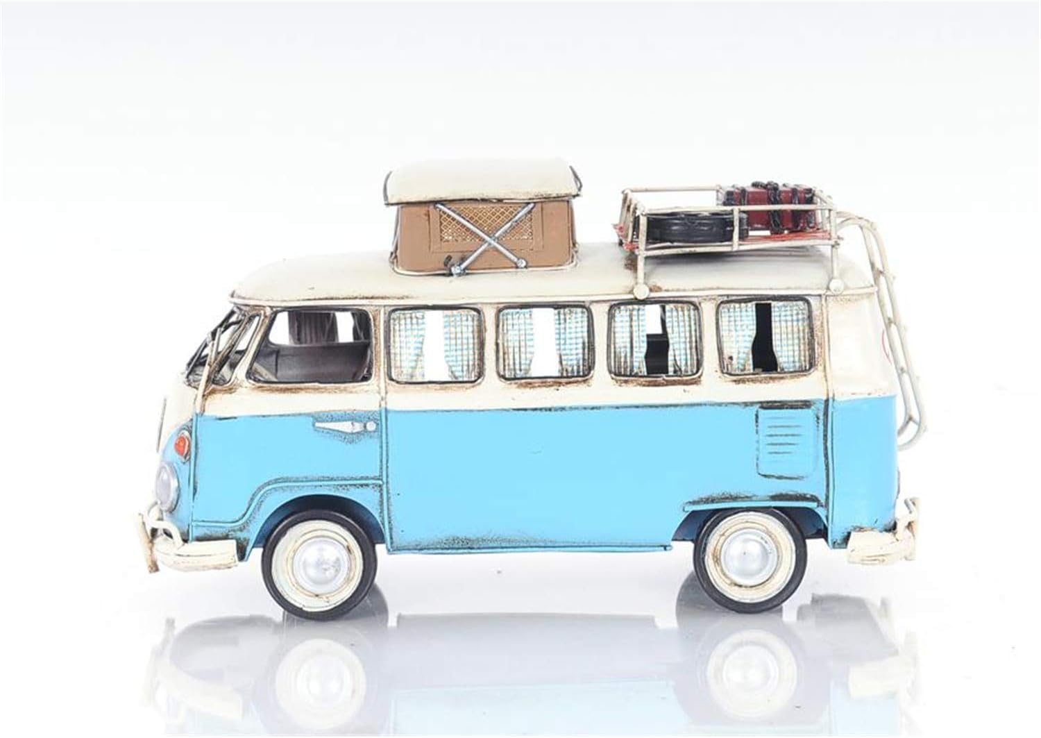 Old Modern Handicrafts Camp Bus Model with Rolling Wheels - 100% Handmade from Iron & Hand-Painted with Classic Blue & White Colors - 11.5L x 5.5W x 6H Inches