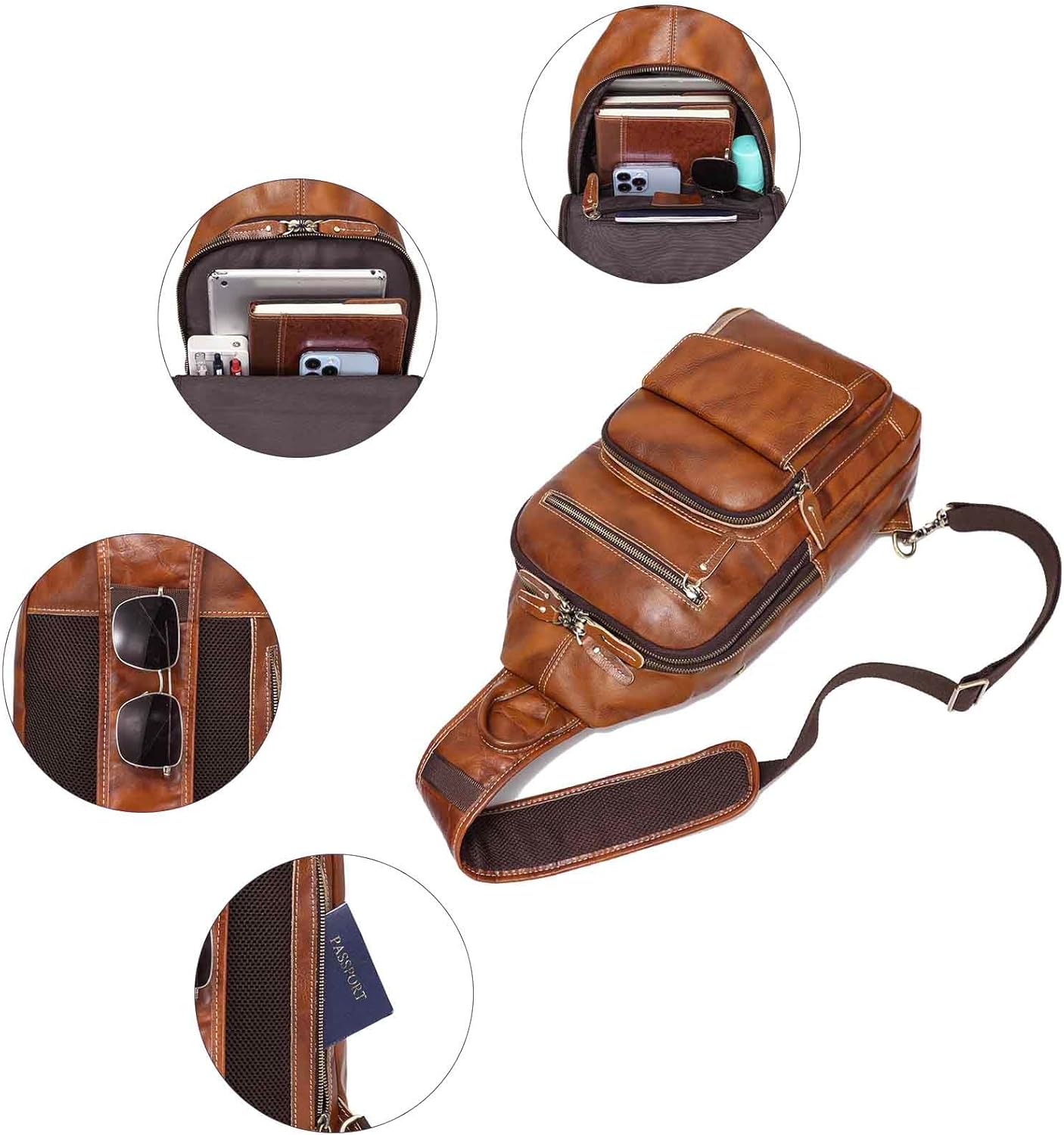 LANNSYNE Full Grain Leather Casual Sling Bag For Men Hiking/Travel/Business Crossbody Chest Bag Fits 12.9" iPad - Image 6