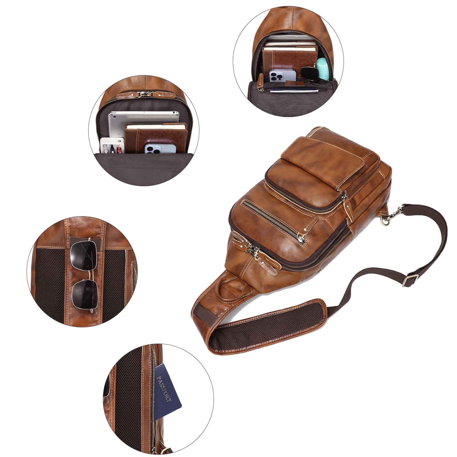 LANNSYNE Full Grain Leather Casual Sling Bag For Men Hiking/Travel/Business Crossbody Chest Bag Fits 12.9'' iPad'