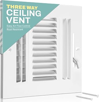 Ceiling Register - Air Vent Covers for Home Ceiling or Wall - 8X8 Inch Duct Opening 3-Way White Grille Register Cover with Adjustable Damper for HVAC Heat and Cold Air Conditioner